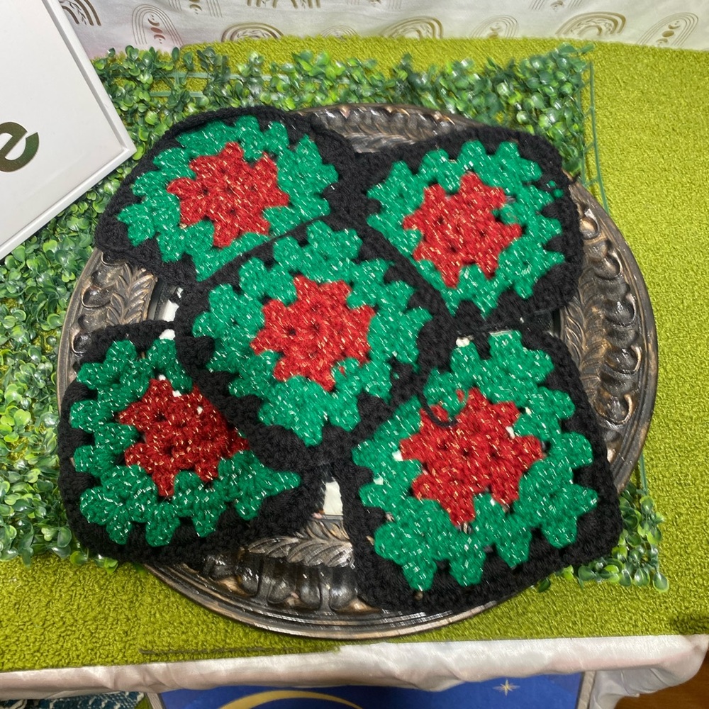 Handcrafted Red and Green Crochet Coaster Set granny squares